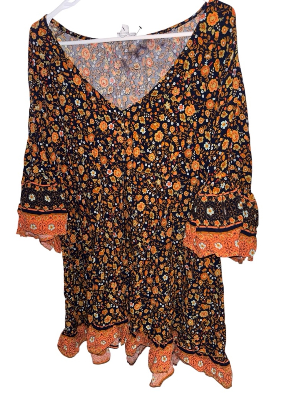 Avenue Boho Floral V-Neck Ruffled Tunic — Black with Orange & Cream Flowers